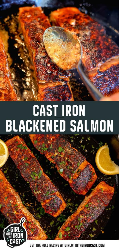 Experience the perfect blend of heat and sweetness with spicy blackened salmon cooked to perfection in under 20 minutes using a cast iron pan! Season wild salmon filets with a homemade blackened spice mix, sear them on the stovetop, then baste in butter and finish in the oven if needed. This quick, easy, and satisfying dinner is sure to become a weeknight favorite! Fish Recipes Pan Seared, Cast Iron Salmon, Salmon Recipes Pan, Blackened Salmon Recipes, Hamburger Hash, Eat Better Feel Better, Oven Salmon, Blackened Fish, Seared Salmon Recipes