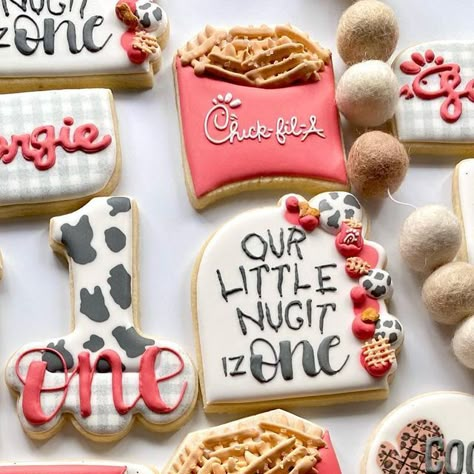 Our Little Nugget Is Turning One, Chickfila Themed First Birthday, Chick Fil A Cookies Decorated, Chik Fil A Party, Chickfila Party, Chickfila Birthday Party, Chick Fil A First Birthday Party, Chick Fil A Birthday Party Theme, First Birthday Cookies