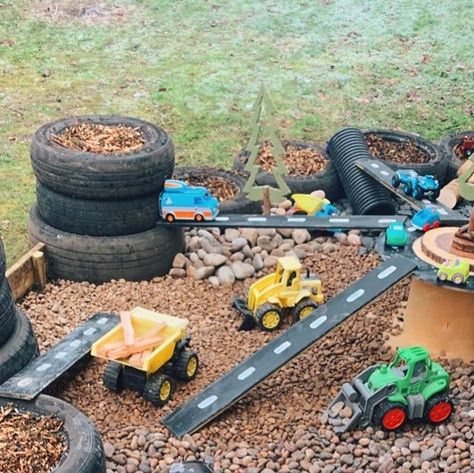 Outdoor Truck Play Area For Kids, Rock Pit For Kids, Kids Digging Area Outdoor Play, Mud Pit Ideas Outdoor Play, Outdoor Kindergarten Spaces, Dirt Play Area, Backyard Toys For Toddlers, Outdoor Construction Play Area, Outdoor Small World