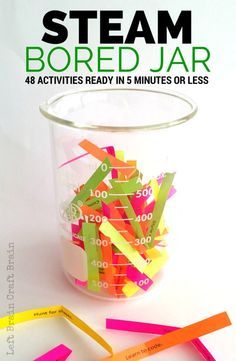 Kids bored?  Get out the STEAM (science, technology, engineering, art and math)! Jar Activities, Brain Craft, Engineering Art, Steam Ideas, Bored Jar, Steam Science, Steam Projects, Steam Activities, Stem Challenges