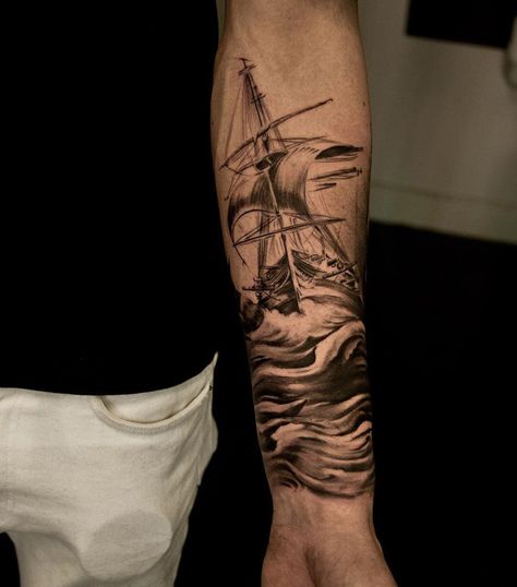 Awesome maritime sleeve in progress, with a sailing ship battling the high seas. This tattoo was done by Richard Feodorow at Ivory Tower Tattoo in Gothenburg, Sweden. Ship And Storm Tattoo, Tall Ships Tattoo, Navy Ship Tattoos For Men, Sailboat Tattoo Men, Mens Ship Tattoo, Men’s Ship Tattoo, Seaside Tattoo, Arm Tattoos With Meaning, Tower Tattoo