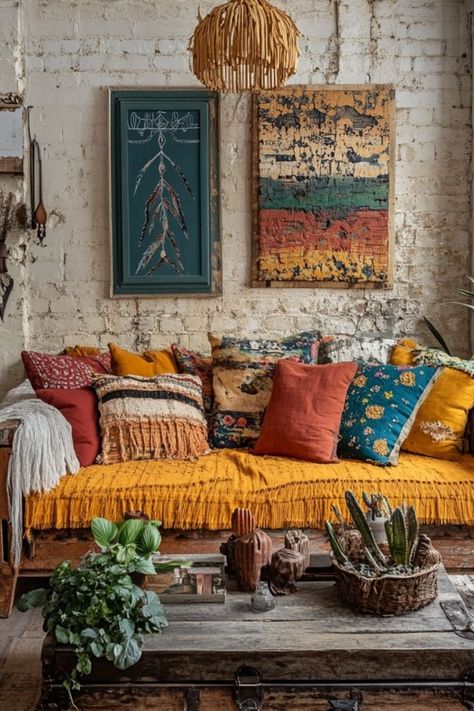 Transform old furniture for a boho-inspired home with unique character and charm. #UpcycledFurniture #BohoHome #EcoDecor Futon Room, Boho Futon, Boho Couch, Couch Makeover, Boho Couches, Bohemian Chic Home, Boho Living Room Ideas, Eco Decor, Southwest Boho