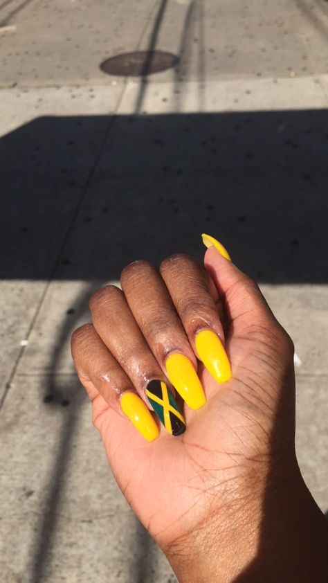 #nailart #yellownails #independenceday  #jamaican #nyc #nailartdesigns Jamaica Flag Nails, Jamaican Nails, Nail 2023, Flag Nails, Jamaica Flag, Graduation Nails, Nail Pops, Nail Sets, Nail Art Kit