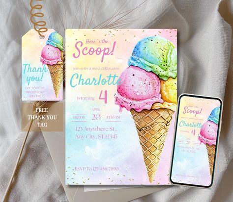 Pastel Ice Cream Birthday Invitation, Pastel Birthday Invite, Ice Cream Birthday Girl Invite, Ice Cream Party Invite, Ice Cream Invite Pastel Invitation, Ice Cream Party Invitations, Ice Cream Invitation, Pastel Ice Cream, Pastel Birthday, Ice Cream Birthday, Photo Website, Ice Cream Party, Party Treats