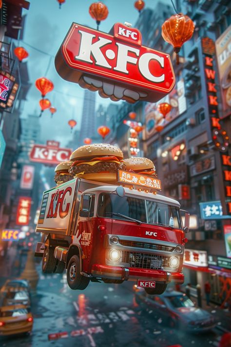 #KfcTruck #FlyingTruck #UrbanLandscape #Hamburgers #ChickenRiceFlowers #FuturisticWorld #ElectricTheme #PixarStyle #HighResolution #HighDefinition #2:3AspectRatio #TheCandie Landscape Futuristic, Kfc Aesthetic, Kfc Logo, Futuristic World, Inspirational Digital Art, Blue Backdrop, Blue Backdrops, High Rise Building, Chicken Rice