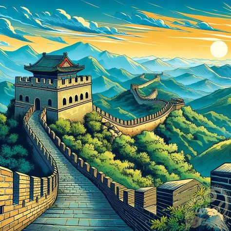 https://card9.com/ai/comic-the-great-wall-of-china Great Wall Of China Painting, Great Wall Of China Drawing, Draw Buildings, Great China Wall, China Cartoon, Drawing 101, China City, Nice Photos, Meaningful Drawings