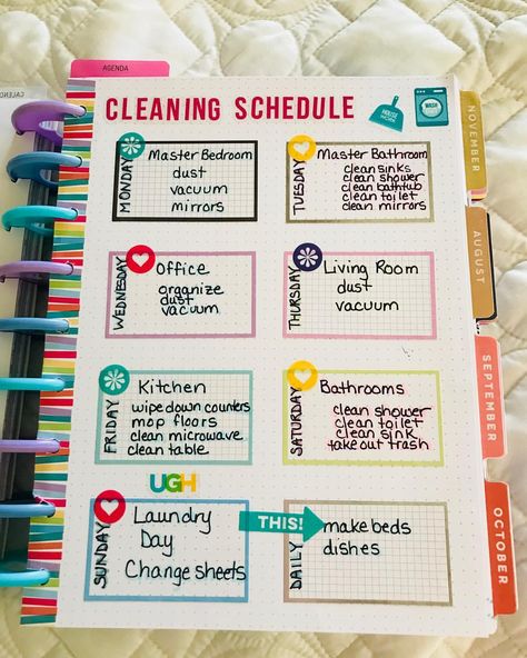 My new cleaning schedule... hopefully I stick to it! This especially works since I do have a full time job so tackling a few tasks a day is… Planner Cleaning, Happy Planners, To Do Planner, Happy Planner Layout, Bullet Journal Ideas, Planner Tips, Planner Obsessed, Planner Inspiration, Planner Layout