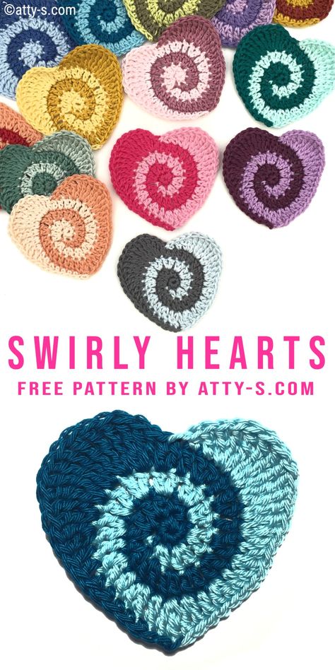 Swirly Heart Free Crochet pattern – Atty*s. Uncinetto Zig Zag, Crocheted Hearts, Crochet Heart Pattern, Valentines Crochet, Crochet Heart, Crochet Applique, Diy Crochet Projects, Crochet Squares, Crochet Coasters