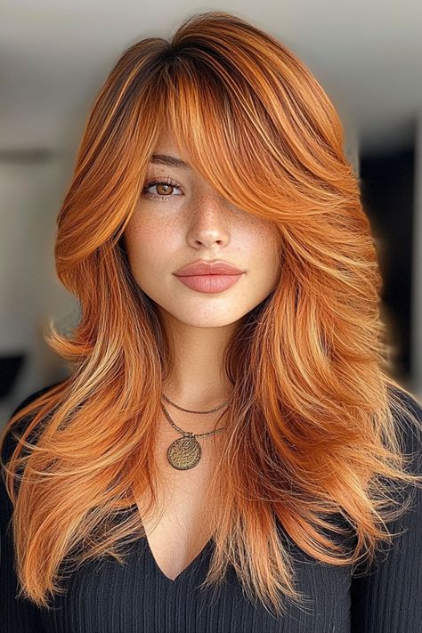 Voluminous Pumpkin Spice Layers, pumpkin hair colour Pumpkin Spice Hair Balayage, Spice Hair Color, Pumpkin Spice Hair Color, Long Brown Bob, Pumpkin Spice Hair, Soft Curtain Bangs, Pumpkin Hair, Hair Color Orange, Soft Bangs