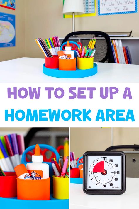 Creating a kids homework station allows your child to develop positive study skills and productive work habits. Today, I am sharing how to create a kids homework area that your child will love. This homework area is great for kids of all ages. This kids homework station can be made with an IKEA desk or any other desk you find. Get your kids involved to give them ownership of their space. Homework Station In Living Room, Homework Space For Kids, Kindergarten Homework Station, Kid Homework Station, Homework Room Ideas, Kids Room With Desk, Kids Craft Desk, Kids Desk Area In Bedroom, Homework Station For Kids