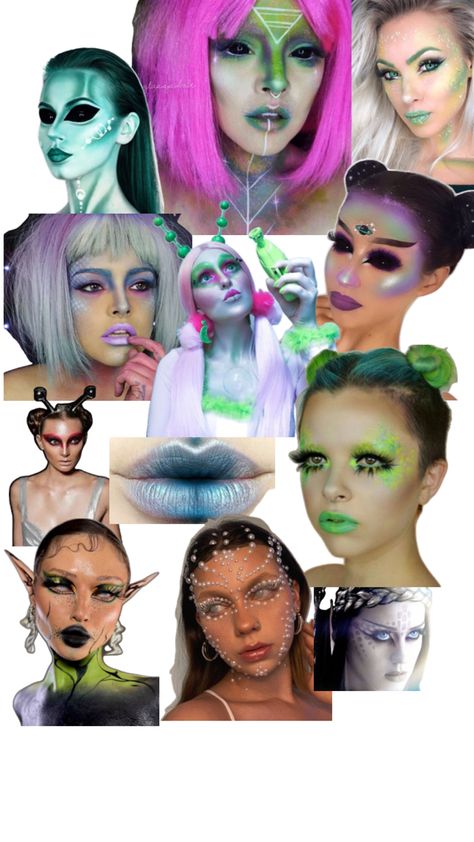 Pretty Alien Costume, Diy Space Costume Women, Alien Diy Costume Women, Retro Alien Makeup, Diy Alien Costume Women, Retro Alien Costume, Alien Makeup Halloween, Countdown Rave Outfit, Diy Alien Costume