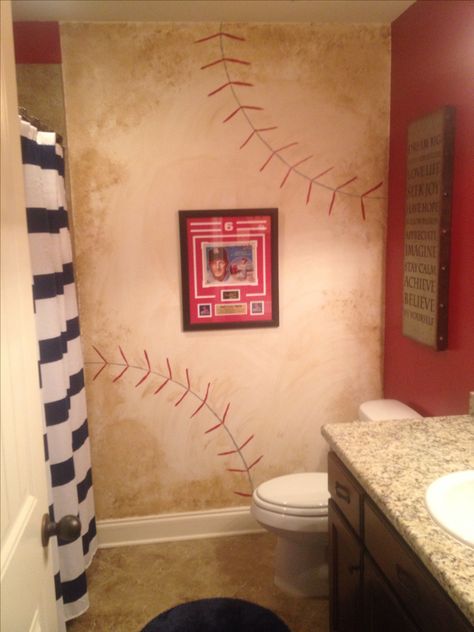 Vintage baseball bathroom. Baseball Bathroom Decor, Baseball Bathroom, Sports Bathroom, Baseball Bedroom, Sport Bedroom, Baseball Room, Boy Bath, Themed Bathroom, Baseball Decor