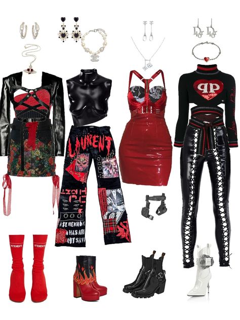 Wwe Outfits Woman Ideas, Red And Black Outfits Baddie, Red Performance Outfits, Punk Outfits Women, Stray Kids Outfits, Wwe Outfits, Red And Black Outfits, Punk Style Outfits, E Girl Outfits