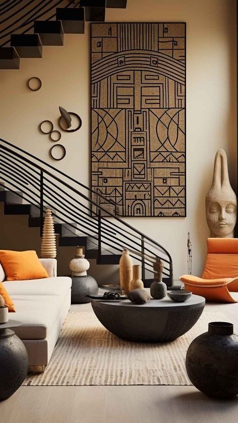 Contemporary Tribal Art Living Room: Achieve a modern aesthetic with contemporary tribal art in your living room. Clean lines, bold patterns, and a monochromatic palette create a sleek and artistic atmosphere, turning your space into a gallery-inspired retreat. See more on Nymphs Daily Blog. Afrocentric Entryway, Interior Design African Style, African Inspired Living Room, African Decor Living Room, Modern African Decor, African Room, Sustainable Living Room, Afrocentric Decor, African Interior Design