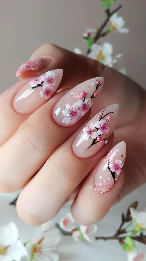 Are you looking for some inspiration for your spring manicure? Click save on this pin, to keep this beautiful cherry blossom themed manicure for your next trip to the nail salon. Click to see more cherry blossom themed nail art designs. Cherry Blossom Nails Design, Nail Art Fleur, Cherry Blossom Nails Art, Spring Manicure, Pink Nail Art Designs, Cherry Blossom Nails, Simple Spring Nails, Small Nails, Korean Nail Art