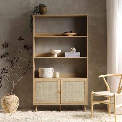 Rattan Bookshelf, Indoor Rattan Furniture, Wood Door Handle, Bookcase With Doors, Fireplace Room, Folding Dining Chairs, Tall Bookcases, Sideboard Tv Unit, Flat Interior