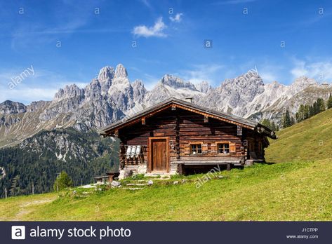 Traditional mountain hut on pasture in the Austrian Alps Stock Photo Mountain Hut, Sauna Diy, Austrian Alps, Mountain Chalet, Mountain Huts, Mountain Home, Van Van, Photo Image, Stock Images