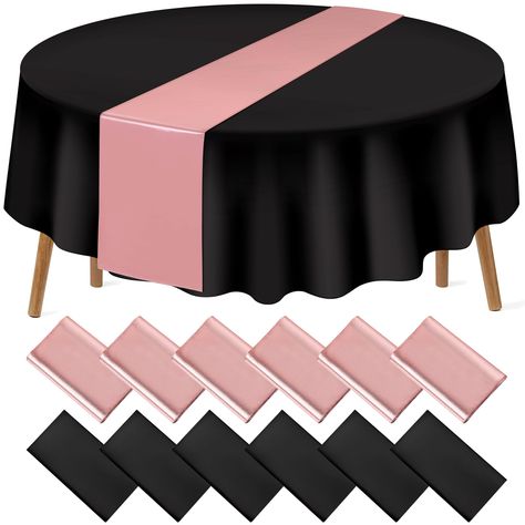 PRICES MAY VARY. What you will get: the package includes 6 pcs black round plastic tablecloth and 6 pcs rose gold satin table runner, specific color as the picture shown, nice combination for you to use in daily life or important occasions enhancing the atmosphere for your event. Classic design: the table runner is made of satin, silky and smooth, thick and durable, which is not easy to wrinkle or deform,combined with a pure black plastic tablecloth, the color is more vivid, which can add more c Rose Gold And Black Party Decor, Black And Pink Table Setting, Black And Blush Wedding Decor, Pink And Black Birthday Party Decoration, Rose Gold And Black Party Theme, Rose Gold And Black Wedding Theme, Black And Rose Gold Party, Black Wedding Table, Rose Gold Table Runner