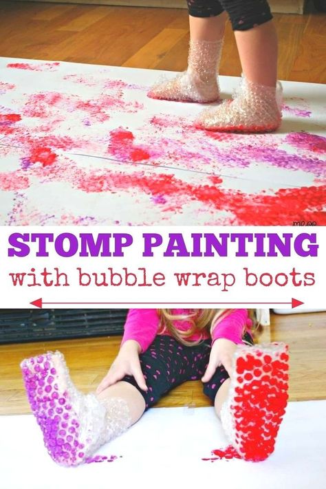 This Stomp Painting with bubble wrap boots is sure to please your children. This art exercise gets children moving while they create art. Process Art Projects For Preschoolers, Preschool Imaginative Play, Messy Play Activities For Preschoolers, Group Art Preschool, Painting Projects For Toddlers, Process Art Infants, Mlk Toddler Activities, Feelings Toddler Activities, Messy Art For Kids