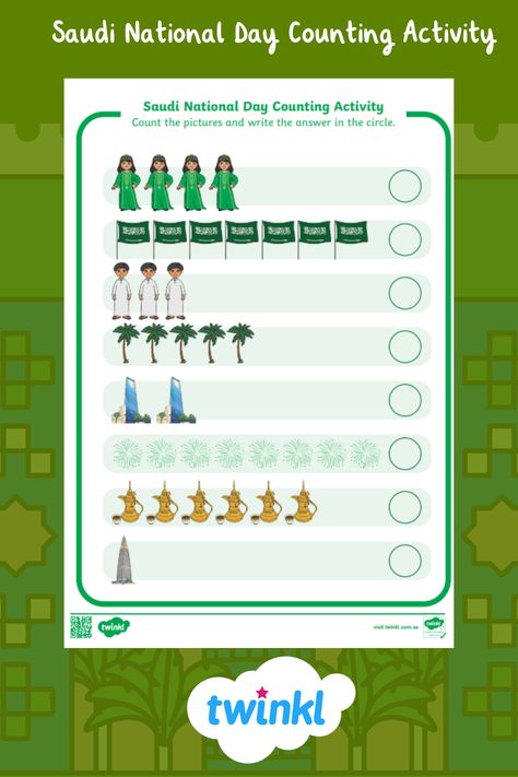 This exciting, Saudi National Day-themed counting to 10 activity sheet will both support and engage your children when learning to count to 10 as well as be a fun way to celebrate Saudi National Day. It can be a great tool to be used as part of your maths lessons or as a 1:1 intervention support resource. National Day Activities, National Saudi Day, Saudi National Day, Learning To Count, Counting Activity, Learn To Count, Counting Activities, Activity Sheets, National Day