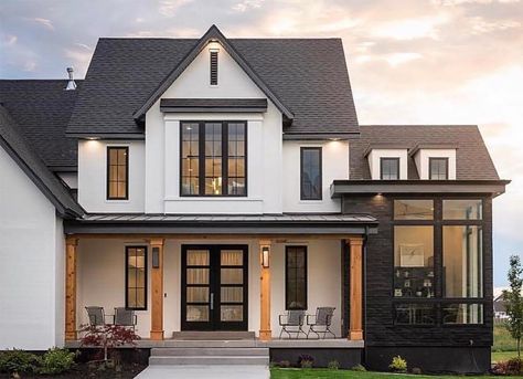 Farmhouse Home Exterior - White Siding - Black and White Exterior - Cedar Post - Modern Farmhouse Outside - New Farmhouse Shiplap Exterior Siding Modern Farmhouse, Exterior Farmhouse Ideas, Castle Bridge, Street Curb, Farmhouse Outside, Carport Modern, Exterior Facade, White Siding, Cedar Posts