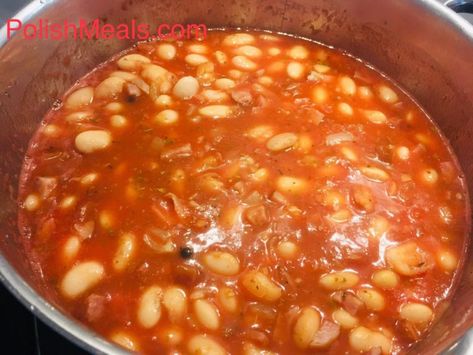 Lima Beans in Tomato Sauce Recipe (Fasolka po bretonsku) | Polish Meals & Cooking Polish Meals, Beans With Sausage, Lima Bean Soup, Beans In Tomato Sauce, Polish Recipe, Beans And Tomatoes, Healthy Beans, Kielbasa Sausage, Polish Sausage