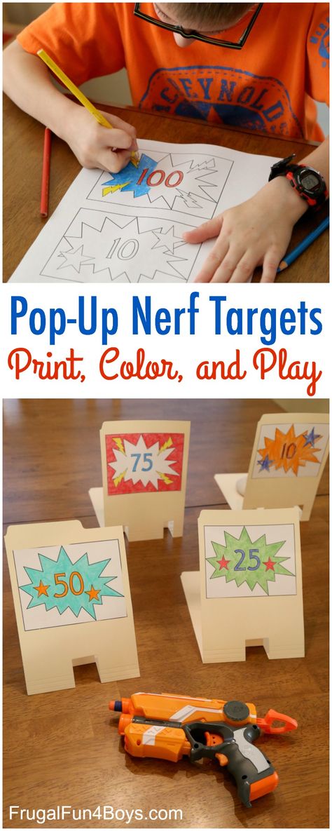 How to Make File Folder Pop-Up Nerf Targets - Print the template from the post! The targets knock down and pop back up again. Nerf Games, Nerf Birthday Party, Nerf Party, Boredom Busters, Crafts For Boys, Kids Party Themes, File Folders, Early Literacy, Stem Activities