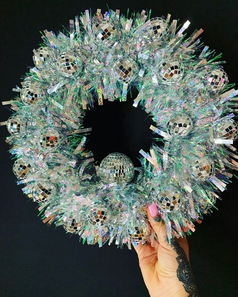 Silver Disco Mirror Ball Wreath Party Wedding Decor Wall Art Decoration Disco Ball Wreath Diy, Disco Ball Wreath, Disco Christmas Decor, Disco Wreath, Unique Wreath Ideas, New Years Wreath, Disco Christmas, Wreath Party, Disco Mirror