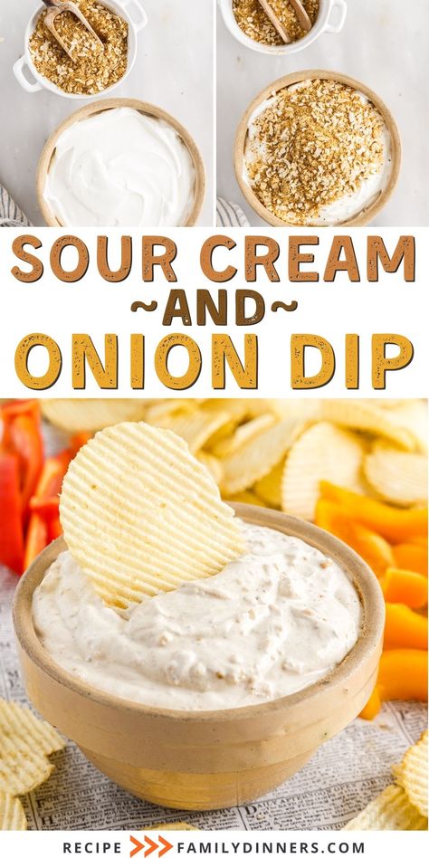 Creamy and flavorful onion dip that comes together in minutes and tastes amazing with chips, crackers and veggies. This simple recipe for the best sour cream and onion dip only uses 2 ingredients and is ready to serve in just 5 minutes. You will get the best flavor using homemade onion soup mix for this dip, but store-bought onion dip mix works well too. Homemade onion dip tastes amazing with fresh veggies, chips, pretzels or crackers. California dip, as it is also called, is a huge crowd pleas Sour Cream And Onion Dip Recipe, Appetizer For Party, Sour Cream And Onion Dip, Homemade Onion Dip, Homemade French Onion Dip, Homemade French Onion Soup, Onion Dip Recipe, Homemade Sour Cream, Sour Cream Dip