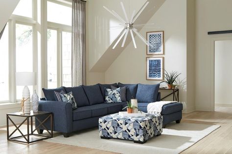 Monroe 2-Peice Chaise Sectional | Living Room | Seat N Sleep Blue Sectional, Sectional Sofa With Chaise, Stylish Throw Pillows, Sofa Chaise, Upholstered Sectional, Sectional Sofas, Upholstered Storage, Upholstered Ottoman, Leather Sectional