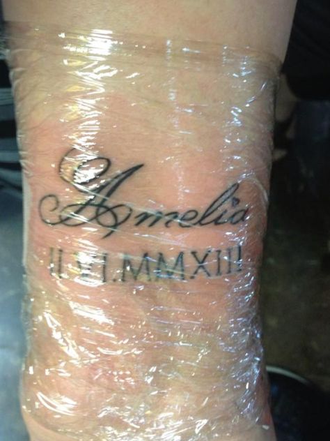 My daughters name and birthday in Roman numerals and a heart above the I Name And Roman Numeral Tattoo, Amelia Tattoo, Roman Numeral Birthday, Carnation Tattoo, Roman Numeral Tattoos, Date Tattoos, Perfect Date, Name Tattoos, First Dates