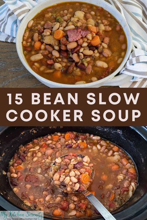 This delicious 15 Bean Slow Cooker Soup recipe is easy to put together, packed with veggies, and slow cooks to perfection in only 6 hours! Four Bean Soup, Bean Soup Crockpot Easy, Pot Of Beans Slow Cooker, 13bean Soup, 3 Bean Soup Crock Pots, 15 Bean Soup Crock Pot Ham Hock, Hambeens 15 Bean Soup Crock Pot, 12 Bean Soup Recipes Crock Pot, 9 Bean Soup Recipe Crock Pots