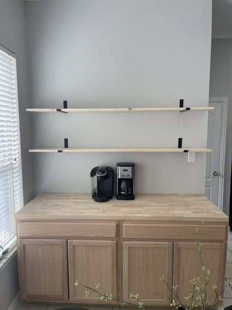 Makeshift Coffee Bar, Coffee Bar Furniture Rustic, Coffee Bar Ideas With Fridge, Coffee Bar Renovation, Diy Kcup Coffee Bar, Shelves Over Coffee Bar, Diy Coffee Bar With Cabinets, Coffee Bar Credenza, Floating Shelves For Coffee Bar