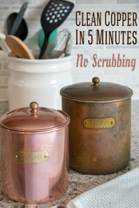 Clean copper without scrubbing. Copper is a lovely addition to a home’s decorating style or cookware, but I was hesitant to bring out my grandmother's heavily tarnished copper canisters for cleaning until I learned about this genius trick! How To Clean Copper Bottom Pans, How To Keep Copper From Tarnishing, Copper Polish Diy, Decorating With Copper Accents, How To Clean Copper Sink, Copper Pot Decor Ideas, Copper Cleaner Diy, Cleaning Brass Remove Tarnish, Copper Canisters Kitchen