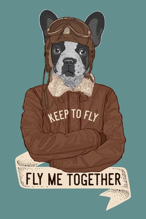 Keep to Fly - Fly me Together, A french bulldog pilot in a vintage style Dog Character Illustration, Lover Illustration, Dog Character, Animals Lover, Illustration Dog, Dalmatian Dog, Military Dogs, Dalmatian Dogs, Guide Dog