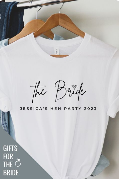 Planning a hen party / bachelorette party? These custom shirts feature a classy design, perfect for a bride and a matching team bride shirts for your bridesmaids. They are super soft and comfortable and perfect to party all night! Visit our store for more oprtions. #Bacheloretteparty #henparty #hennight #bride #bridegifts Hen Tshirt Ideas, Cricut Hen Party Ideas, Hen Party Tshirt Ideas, Hen Do Tshirts, Shirts For Bachelorette Party, Hen Party Tshirts, Classy Hen Party, Bride Tshirt, Team Bride Shirts