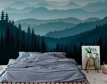 Wall paper mural mountains | Etsy Misty Pine Forest, Ombre Mountains, Kindergarten Wallpaper, Mountain Mural, Forest Mural, Forest Wall Mural, Temporary Wall, Mountain Wallpaper, Forest Wall