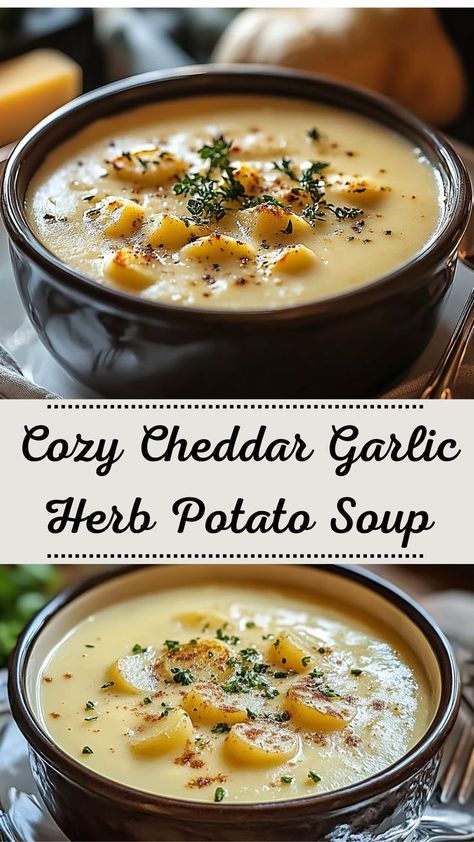 Looking for Friendsgiving food ideas? This Cheddar Garlic Herb Potato Soup blends bold cheese flavors with the soothing aroma of fresh herbs. It's a satisfying winter dinner recipe that’s simple yet elegant, making it the ultimate healthy winter treat. Winter Potato Recipes, Golden Garlic Soup, Unique Soups, New Years Soup, Fancy Soup, Soup Recipes Creamy, Soup Party Ideas, Christmas Eve Food, Blended Soup Recipes