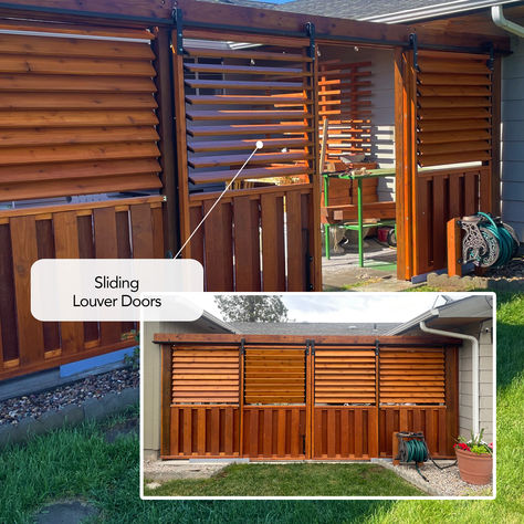 Sliding louver doors enclosing outdoor patio. Louvered Wall, Louvered Patio, Privacy Deck, Hot Tub Enclosure, Louver Doors, Gazebo Privacy, Creative Backyard, Central Washington, Deck Privacy