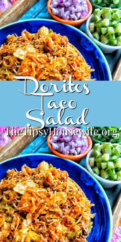 A crunch taco salad with savory taco meat and crispy nacho chips. Cheddar Cheese and french dressing give it some zing.  #recipes #salad Taco Salad With French Dressing Doritos, Recipes With French Dressing In It, French Dressing Taco Salad Recipe, French Dressing Taco Salad, Recipes With French Dressing, Taco Salad With French Dressing, Lake Appetizer, Salad With French Dressing, Chip Salad