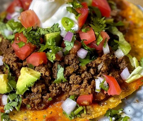 Ground Beef Tostadas – Chloe foods Beef Tostadas, Beef Olives, Queso Fresco Cheese, Shredded Lettuce, Bean Salad, Sausage Breakfast, Refried Beans, Satisfying Food, Fresh Cilantro