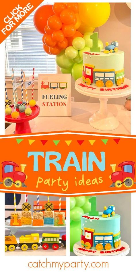 Check out this fun train-themed birthday party! The cake is so cool! See more party ideas and share yours at CatchMyParty.com Train Birthday Backdrop, Train Theme Cake, Choo Choo Birthday Party, Train Birthday Cake, Train Birthday Party, Boys 1st Birthday Party Ideas, Train Theme, Trains Birthday Party, Train Party