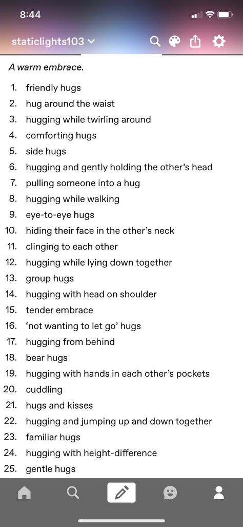 Hug Writing Prompt, Hug Prompt, Hugging Prompts, How To Describe A Hug In Writing, Types Of Hugs, Tender Embrace, Writing Inspiration Tips, Writing Fantasy, Writing Motivation