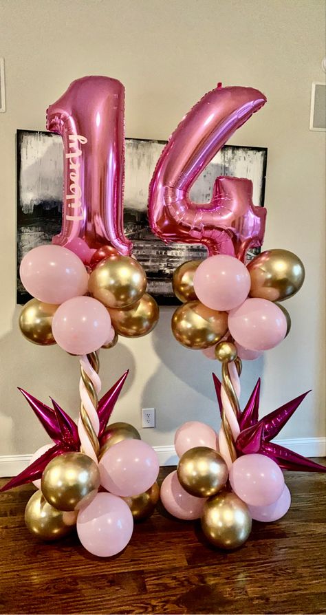 21 Birthday Balloon Bouquet, Number Balloon Bouquet Diy, Balloon Centerpieces With Numbers, Fireplace Balloon Decor, Number Balloon Arrangements, Bollones Decorations For Birthday, Balloon Arrangements Birthday, 16 Balloon Bouquet, Number Balloon Columns