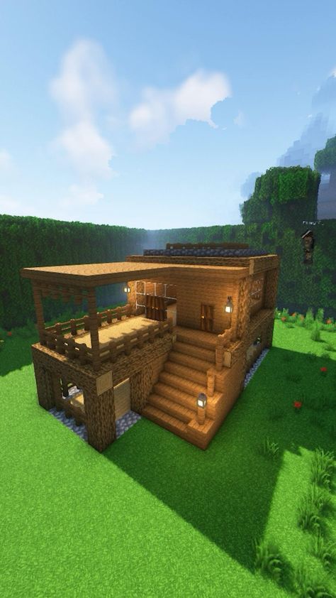 Minecraft House 🏡   • cobblestone blocks  • Lot of oak log and planks   • Spruce fence/planks  • Glasses   • Lantern   • Cobble slabs   • oak leaves Minecraft Lantern, Minecraft Wooden House, Minecraft Build House, Minecraft Beach House, Minecraft Building Guide, Case Minecraft, Rumah Minecraft Sederhana, Minecraft Houses Survival, Minecraft Houses Blueprints