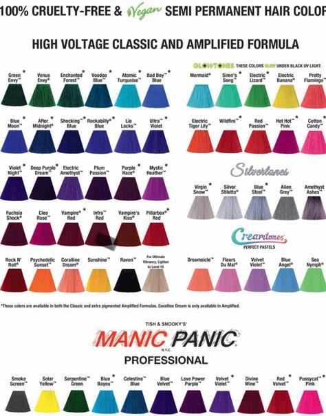 Manic Panic colors Vivid Hair Color Ideas For Brunettes, Manic Panic Electric Amethyst, Manic Panic Color Chart, Manic Panic Pink, Manic Panic Shocking Blue, Manic Panic Blue, Hair Dye Color Chart, Manic Panic Purple, Manic Panic Colors