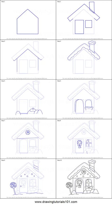 How to Draw Christmas Gingerbread House Printable Drawing Sheet by DrawingTutorials101.com Winter Houses Drawings, Christmas Town Drawing Easy, How To Draw Gingerbread House, Christmas House Drawing Easy, How To Draw A Gingerbread House, Christmas How To Draw, Step By Step Drawing Christmas, Step By Step Christmas Drawings, Ginger Bread House Drawing