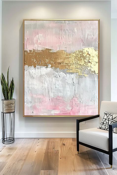 Original textured abstract painting with pink, white, and gold tones, featuring heavy brushstrokes and metallic accents Pink And Gold Wall Art, Pink And Gold Abstract Painting, Pink And Gold Wall, Gold Abstract Painting, Pink Abstract Painting, Pink Texture, Gold Wall Art, Texture Paint, Textured Painting