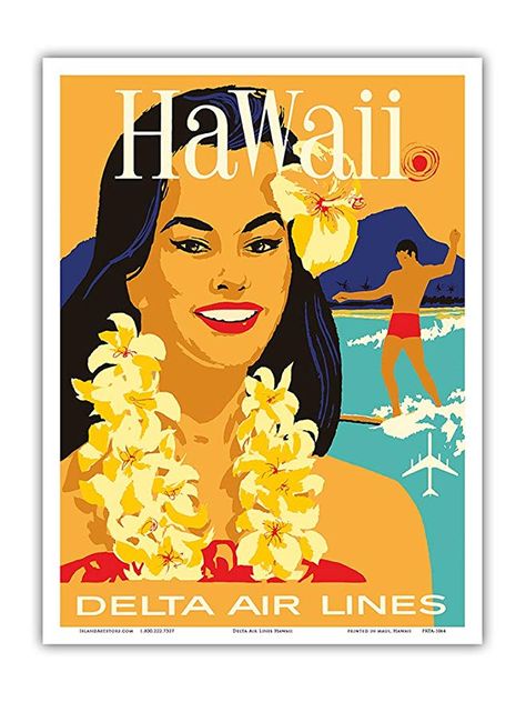 Hawaiian Wall Art, Surfer Art, Vintage Airline Posters, Hawaiian Travel, Hawaii Vintage, Delta Air Lines, Flower Lei, Hawaii Art, Hawaiian Art