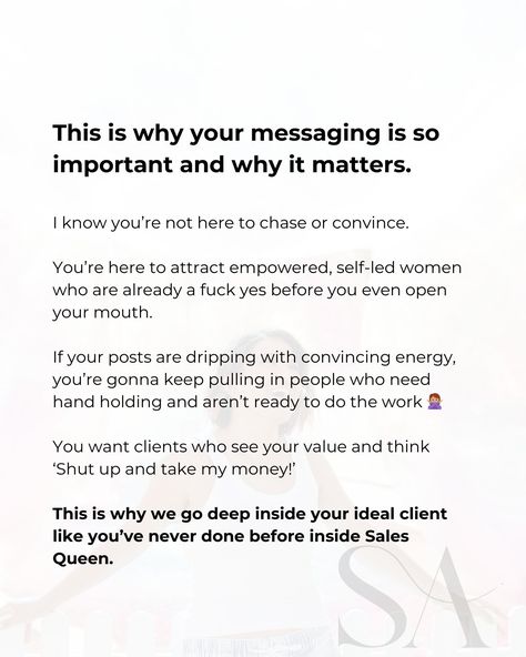 👑 Imagine not wasting time wondering if your content is going to land but you know it will. 👑 Your posts speak directly to the high level women you want to work with and you have the confidence to show up knowing that your messaging is on point. 👑 Your DMs will be full (and not just from your BFF or your mum), your confidence to sell will be at an all time high and your content will finally be doing the heavy lifting for you. Your ideal clients? They’re out there, waiting for you to spea... Your Mum, Take My Money, Heavy Lifting, Your Values, Ideal Client, You Know It, Wasting Time, Shut Up, High Level